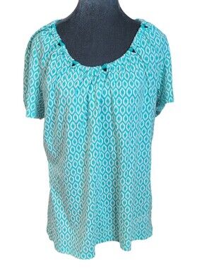 Just My Size Turquoise & White Print Top Size 1X